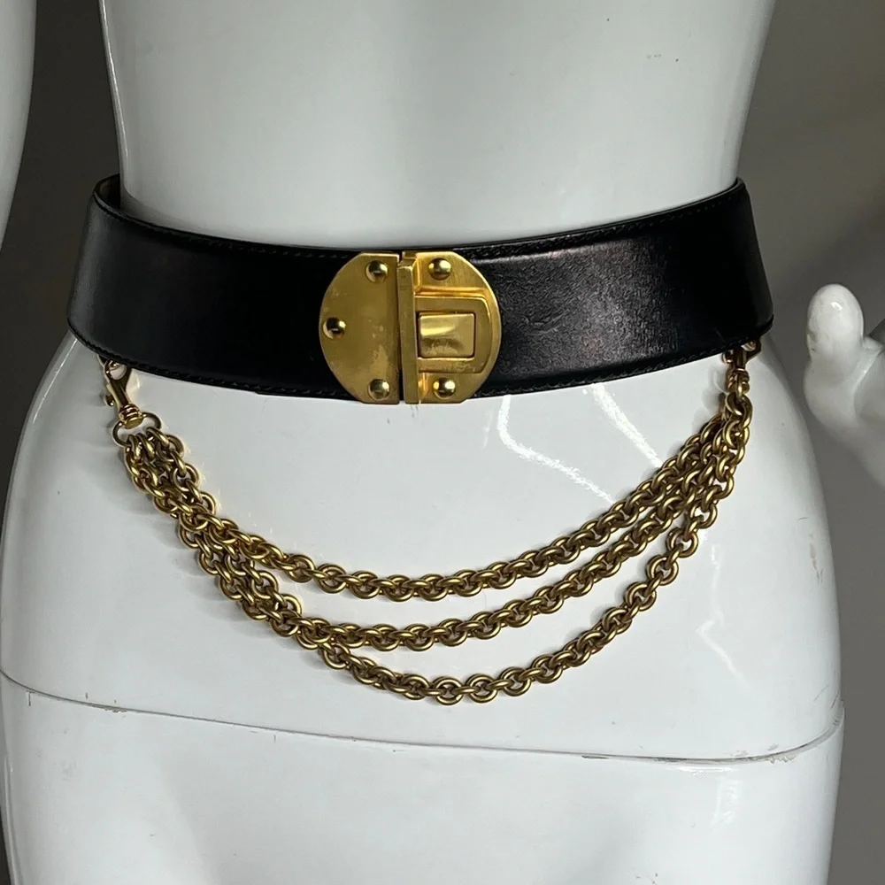 Donna Karan New York 1990’s Black & Gold 34” Adjustable Waist Belt w Chain